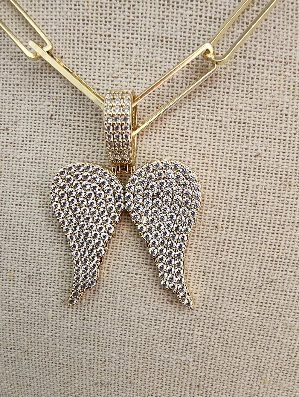 Gold Angel Wings Necklace Iced CZ Paperclip Chain 18